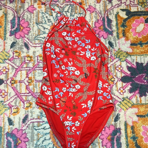 Ted Baker Red Kyoto Floral Butterfly Print One-piece Halter Open Back Swimsuit - Picture 2 of 15